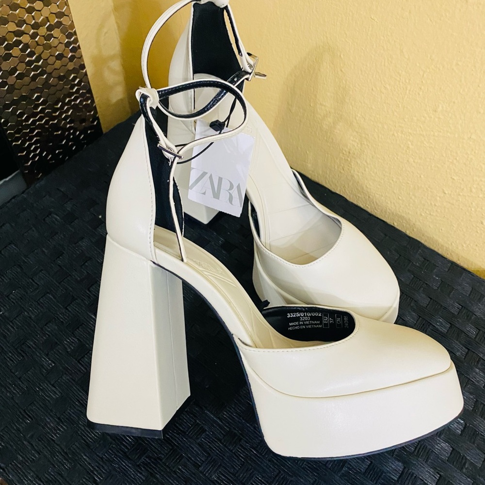 Zara Cream Platform Block Heel Ankle-Strap Pumps